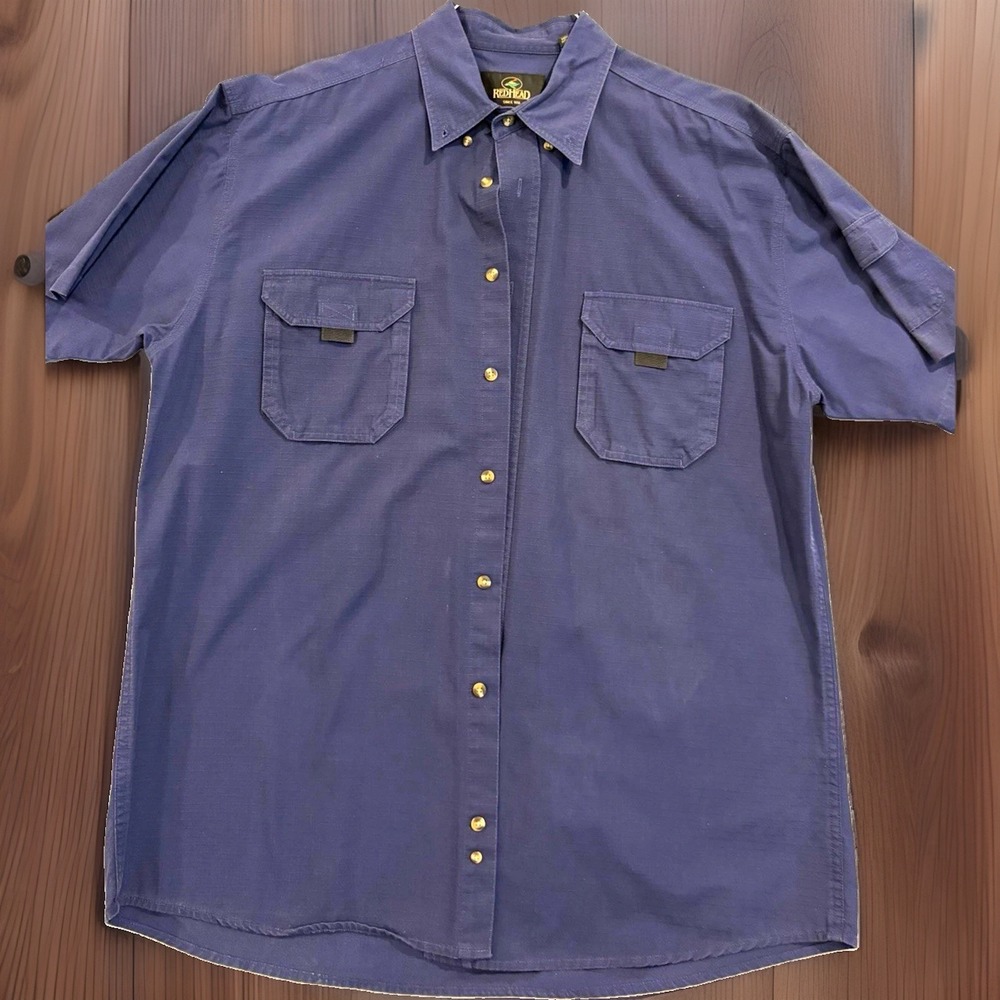RedHead Mens L Blue 100% Cotton Woven Short Sleeve Button Up Shirt Pockets